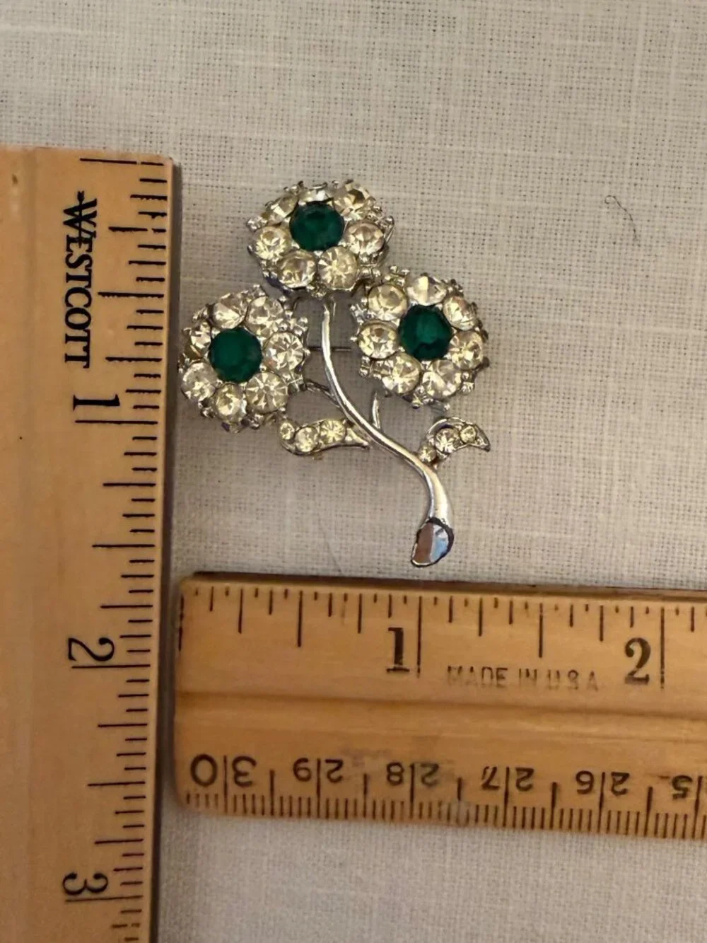 Vintage Silver Tone Rhinestone Flower Brooch Green Floral Pin 1960s